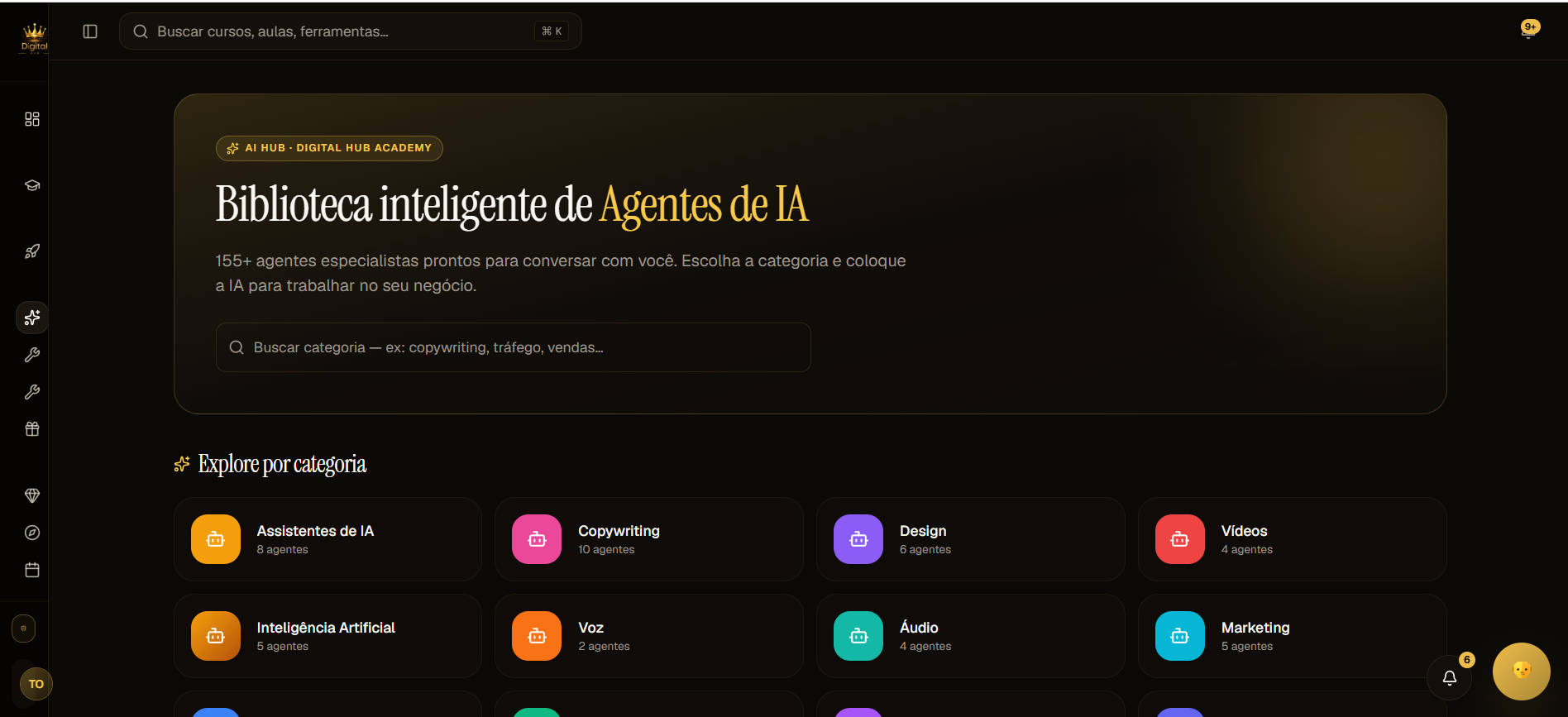 Biblioteca inteligente de agentes de IA dentro da plataforma Digital HUB